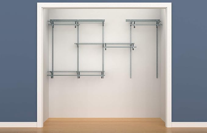 ClosetMaid ShelfTrack Wire Closet Organizer System, Adjustable from 5 to 8 Ft., With Shelves, Clothes Rods, Hardware, Durable Steel, Satin Chrome