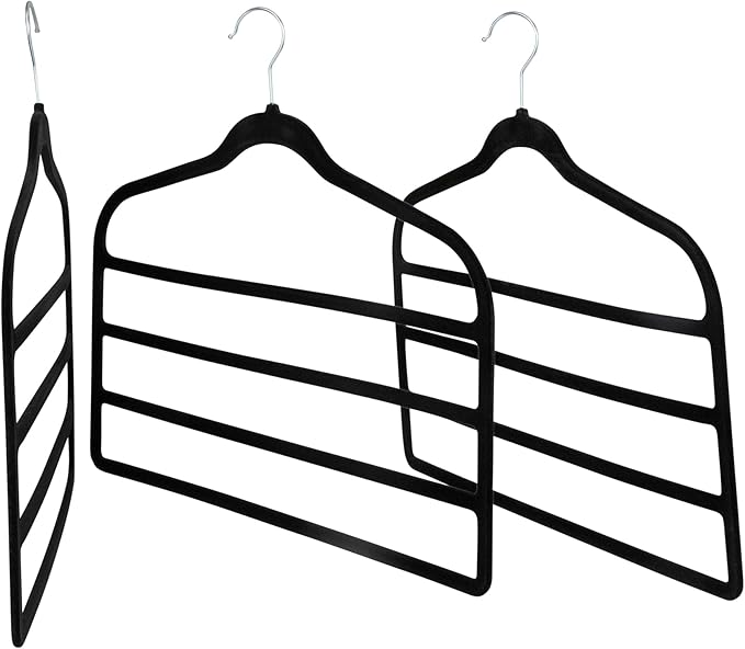 Set of 3 4-Tier Non-Slip Velvet Hangers, Black
