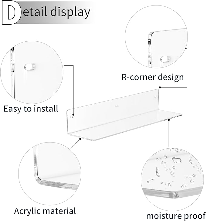 16 Inches Clear Acrylic Shelves, Wall Mounted Organizer Shelves for Bedroom, Clear Wall Storage Shelves for Cosmetics, Skincare, Router, Doll, Toiletries, Helmets, 2 Pack