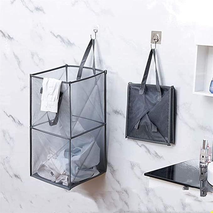 Pop Up Laundry Baskets - Mesh Collapsible Laundry Hampers Storage with Handle - Foldable for Washing Storage, Great for The Kids Room, College Dorm, Travel Organizer (Grey/Double Layer)