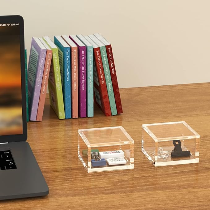 AITEE Small Acrylic Box with Lid, Clear Cube Display Case, Multi-Purpose Box Square for Holding Staples, Paper Clips, Stamps, Display in Office, Home