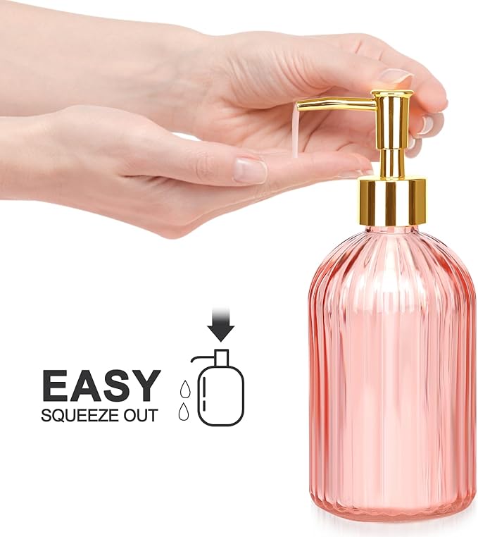 Haturi Bathroom Accessories Set, 4 Pcs Pink Glass Bathroom Accessories Sets Complete w/Lotion Soap Dispenser, Toothbrush Holder, Apothecary Jar, Vanity Tray, Bathroom Decor, Gift for Home Apartment