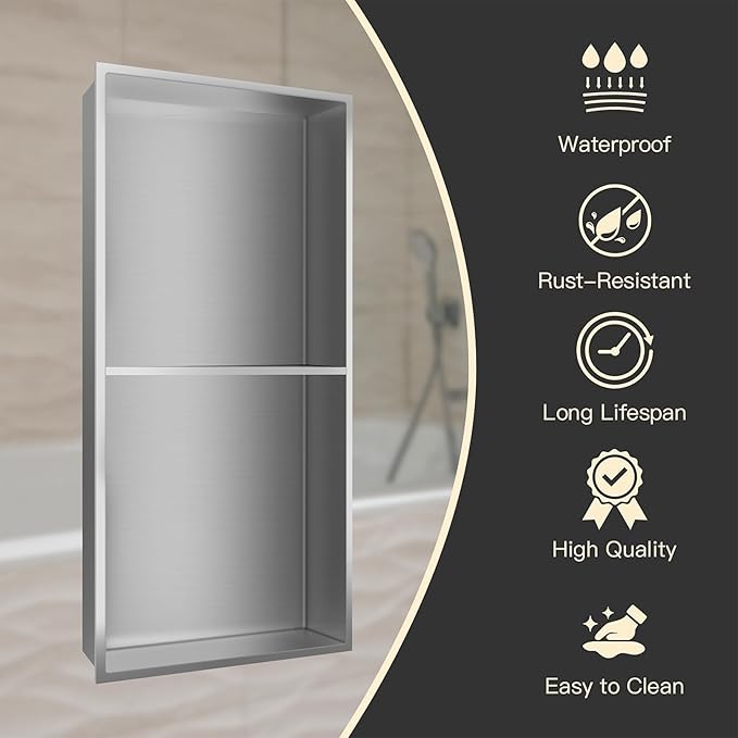 BATHFINESSE Niche for Shower Wall 12" X 24" Double Shelves, Niche Recessed Shower Shelf for Bathroom Storage, No Tile Needed Over Mount Installation, Brushed Nickel