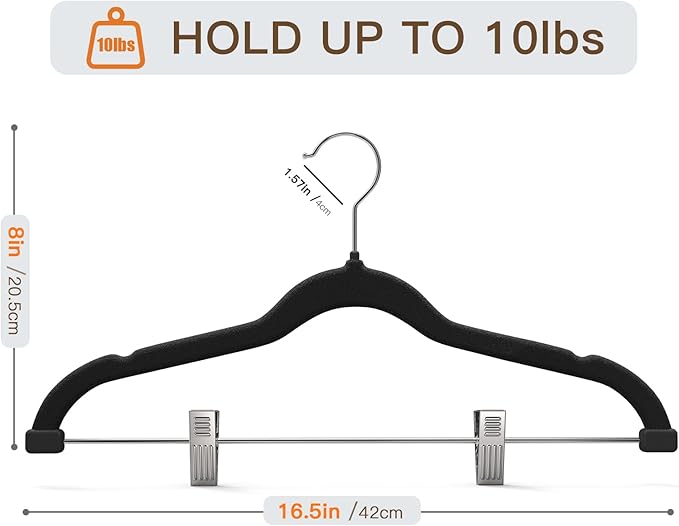 Flottian 24 Pack Black Velvet Pants Hanger,Velvet Hangers with Clips Adjustable,Space-Saving Slim Flocked Hanger,Heavy Duty Non Slip Hangers for Skirts,Coats,Pants,Dress