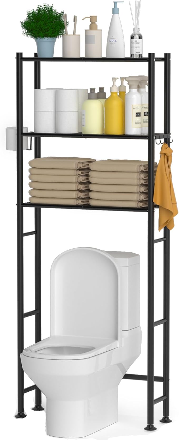 3-Tier Over The Toilet Storage Cabinet with Paper Holder and 4 Hooks, Metal Over Toilet Bathroom Organizer and Storage Shelf, Bathroom Shelves for Living Room/Laundry/Balcony(Black)