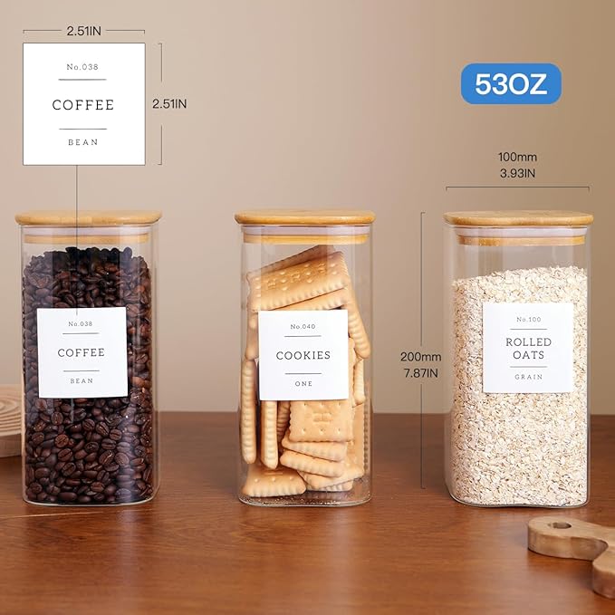 3 Pack Square Glass Kitchen Storage Jars with Airtight Bamboo Lids and 132 Pantry Labels - 54oz Glass Canisters with Wood Lids - Food Storage for Sugar, Rice, Pasta, Cereal