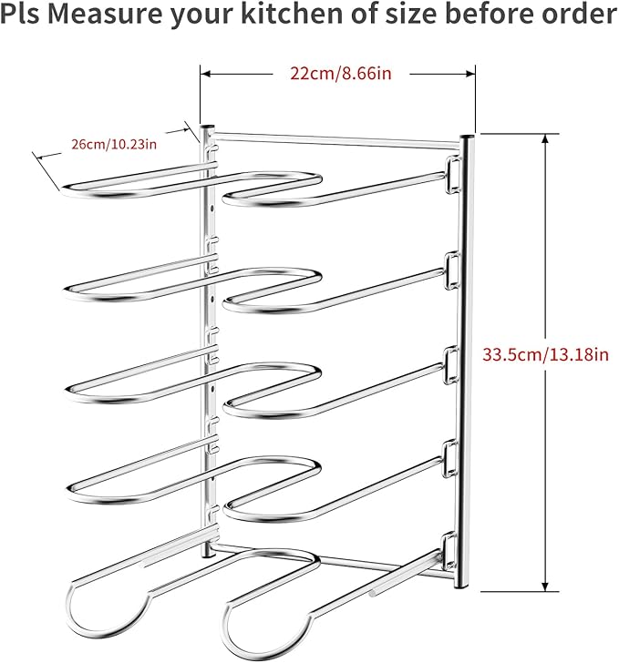 JAQ Pots and Pans Organizer, 13.18 inch Heavy Duty Pot Lids Rack Holder Adjustable Height for Muffin Tins, Baking Sheets, Skillets,Cookware,Bakeware in Cabinets Shelf Countertop Pantry