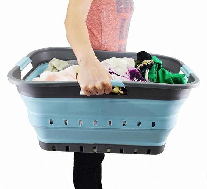 SAMMART 42L (11 gallon) Collapsible Plastic Laundry Basket - Foldable Pop Up Storage Container/Organizer - Portable Basket - Space Saving Hamper/Basket (2, Grey/Sea Angel)