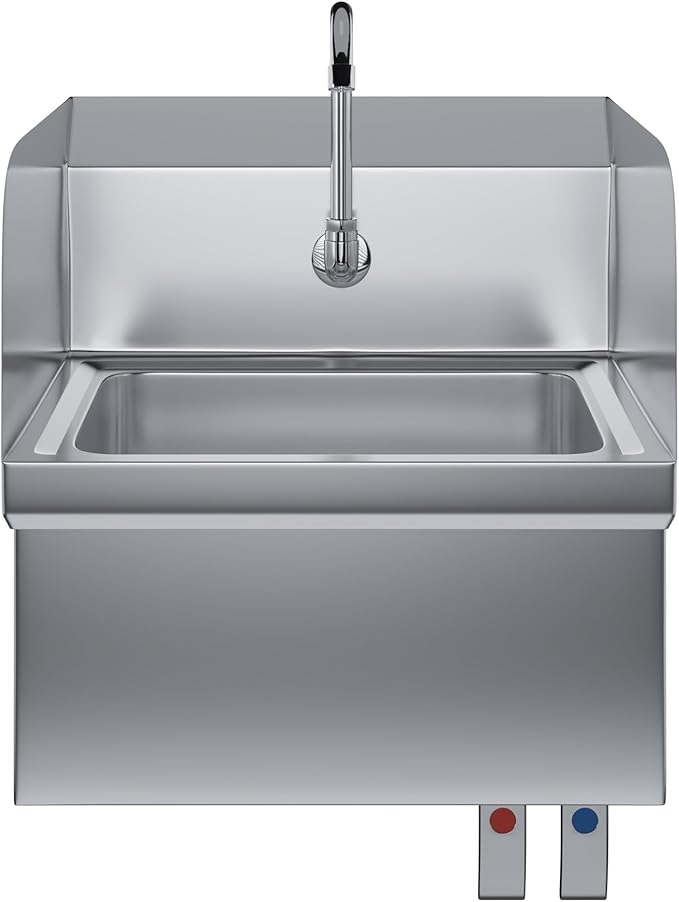 Stainless Steel Wall-Mounted Hand Sink with Hands-Free Double Knee Valves, Faucet, and Side Splash Guards, 17 in x 15 in