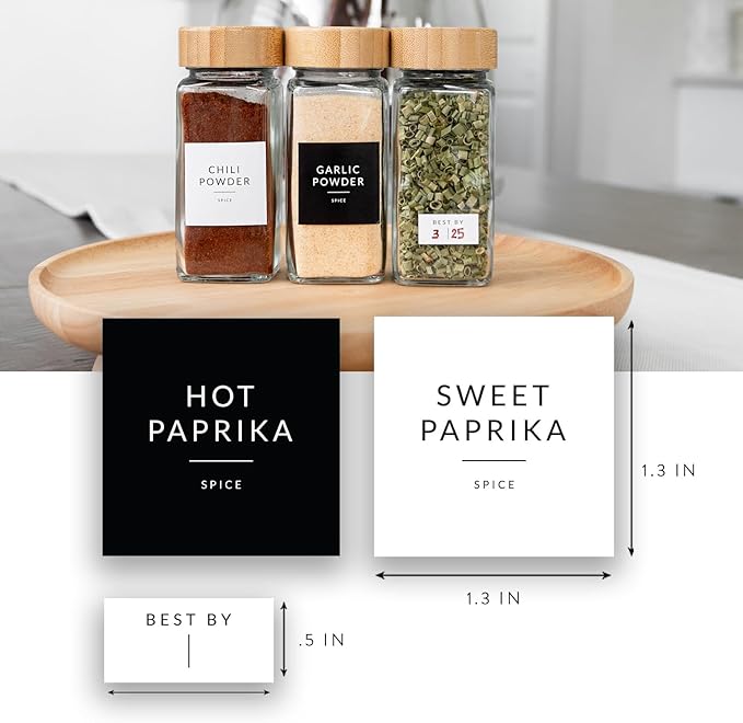 SAVVY & SORTED Square Spice Labels, 374 Preprinted Organizing Waterproof Stickers Designed for Spices Storage Glass Jars Bottles for Herbs Seasonings, Kitchen Pantry Organization