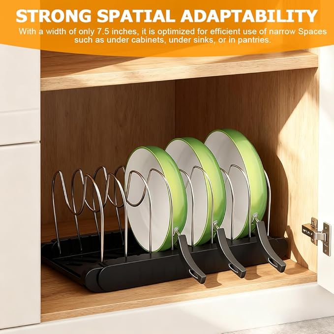 Pots and Pans Organizer for under Cabinet, Expandable Pot Lid Holder with 10 Adjustable Compartment, Pan Organizers inside Cabinet for Lids, Bakeware, Cutting Boards(COLOR:Black)
