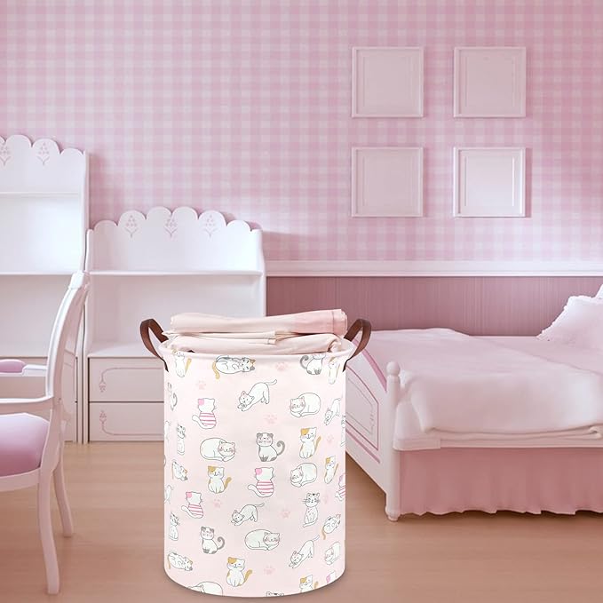Pink Hamper,Cat Laundry Basket,Canvas Fabric Collapsible Cute Storage Baskets with Handles,Pink Clothes Hamper,Kids Toy Storage Basket,Toy Organizer,Cat Room Decor(Pink Cat)
