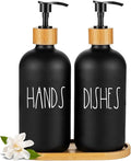 Arktek Glass Soap Dispenser Set with Tray, 2 Pack Hand and Dish Soap Dispenser Set for Bathroom and Kitchen Bottle Dispenser with Dish Soap, Hand Soap, Lotion 17 Oz (2 Black)