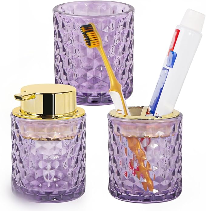Bathroom Accessories Set, 3pcs Purple Glass Bathroom Accessory Set,Toothbrush Holder, Foaming Soap Dispenser and Tumbler, Gold Bathroom Decor Sets for Organizer, Home Apartment Gift