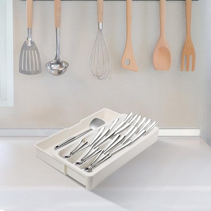 Faridabio Kitchen Drawer Organizer Tray,Expandable Cutlery Silverware Organizer Storage Tray for Kitchen Drawer Flatware Spoons Forks,Creamy White
