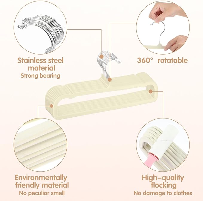 Velvet Pants Hangers Non Slip 20 Pack Beige Velvet Pant Hangers, Plastic Rectangular Slim Velvets Hanger with 10 Hooks for Jean, Bra, Shorts