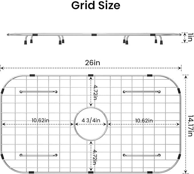 Sink Protector Grid 26-1/16" x 14-1/16", Centered Drain with Corner Radius 3-1/2", 304 Stainless Steel Material (Centered Drain) for Single Bowl Kitchen Sink