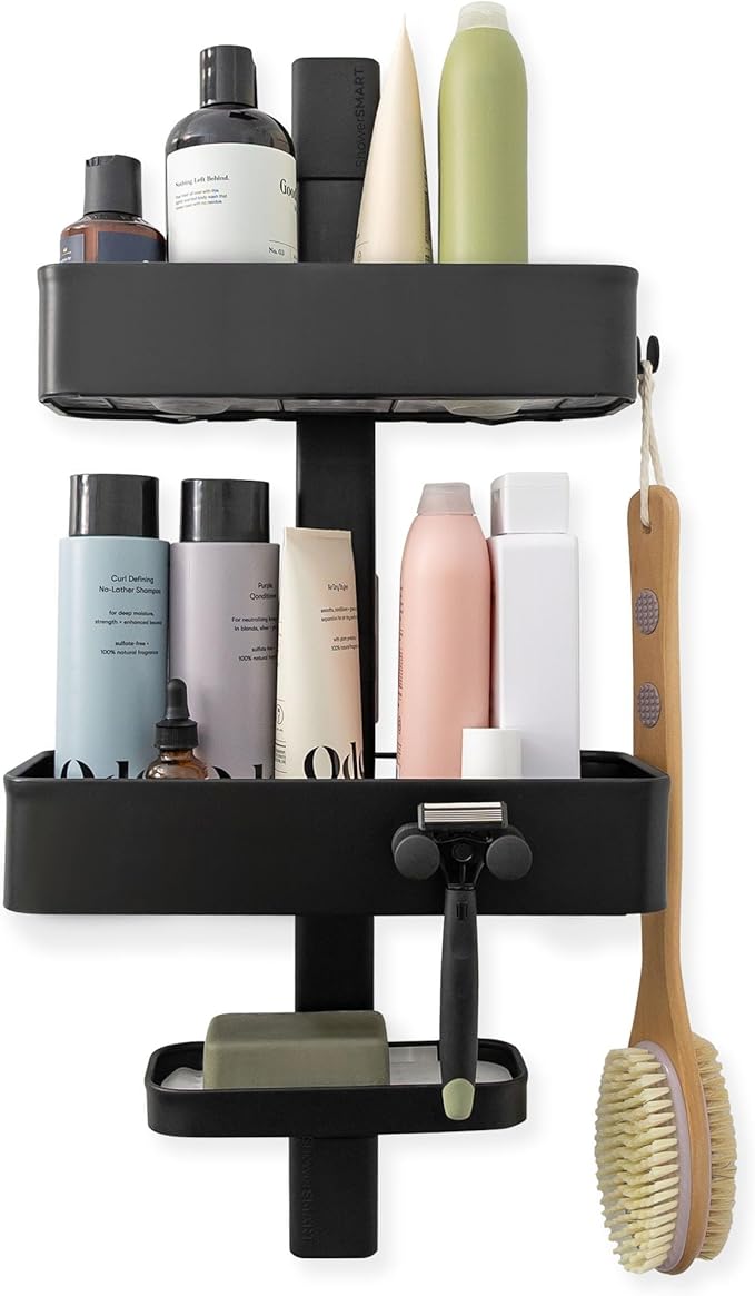 ShowerSMART Rust Resistant Hygienic Shower Caddy – Hanging Bathroom Organizer with Adjustable Shelves, Easy Clean Trays & Magnetic Hooks for DIY Remodels & Shower Niches - Black