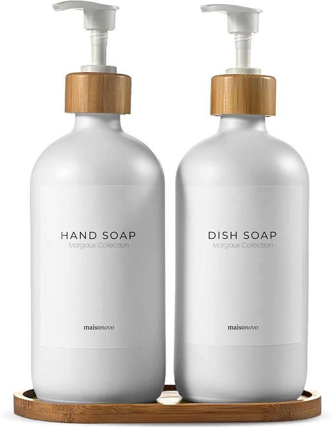 MaisoNovo Glass Soap Dispenser Bathroom Set of 2-16.9 oz Bathroom Soap Dispenser Set - White Glass Bottles x 2 with White Bamboo Pumps & Tray
