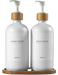 MaisoNovo Glass Soap Dispenser Bathroom Set of 2-16.9 oz Bathroom Soap Dispenser Set - White Glass Bottles x 2 with White Bamboo Pumps & Tray