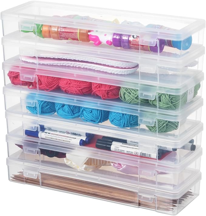 novelinks Plastic Clear Storage Containers for Organizing, Craft Storage Organizers and Stackable Storage Bins with Lids for Pencil Box, Bead, Cookie Cutter, Board Game (6 Pack Large)