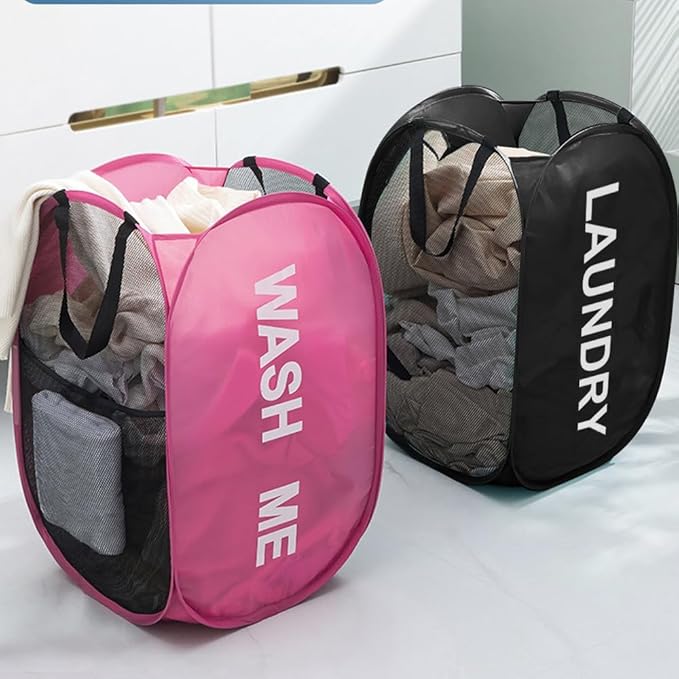 Larpur Pop Up Laundry Baskets, 2 Pack Mesh Laundry Hampers Collapsible Clothes Hampers, Portable Cruise Laundry Hampers for Home, Dorm, Travel (Black + Pink)