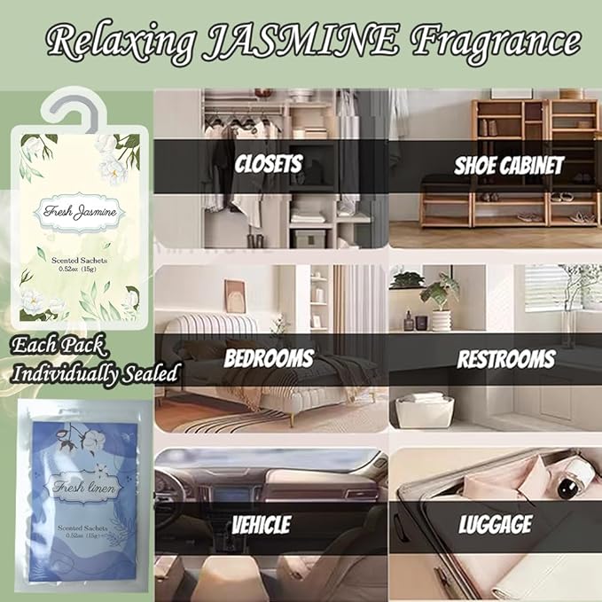 12 Packs Jasmine Hanging Scented Sachets for Drawers and Closets with Retractable Hook| Long-Lasting Closet Air Freshener & Closet Deodorizer | Closet Scent Freshener (Jasmine)