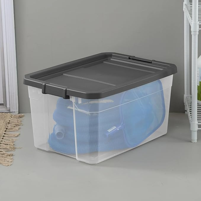 76 Quart Heavy-Duty Stacker Box – Clear Plastic Storage Bin with Secure Latch Lid, Ideal for Home, Garage, Closet & Basement Organization, Dark Gray (1)