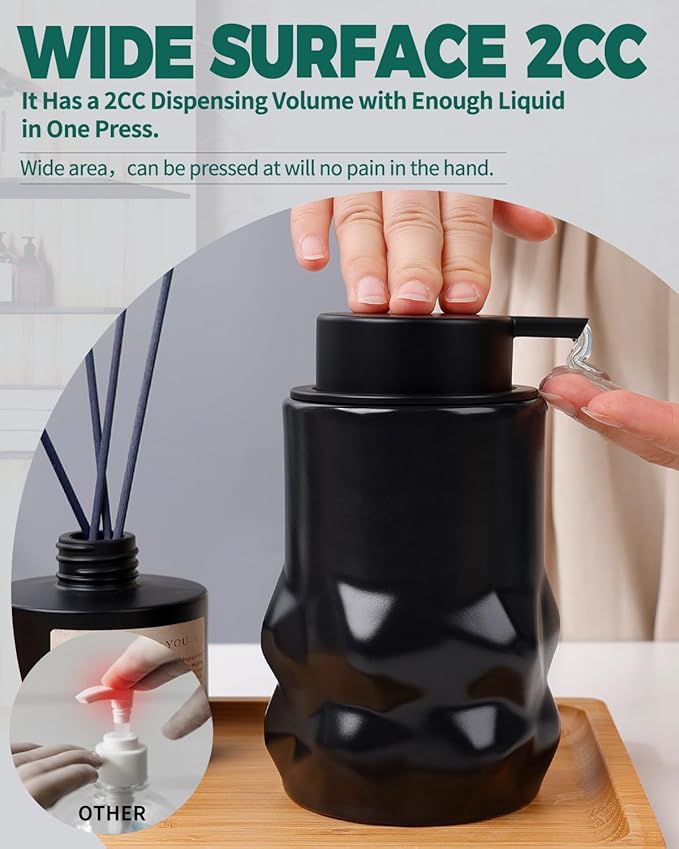 BosilunLife Hand Soap Dispenser - Foam Soap Dispenser Bathroom Ceramic Dish Liquid Soap Dispenser for Kitchen, Bathroom Countertop Soap Dispensers (Black-Liquid-Sculpt)
