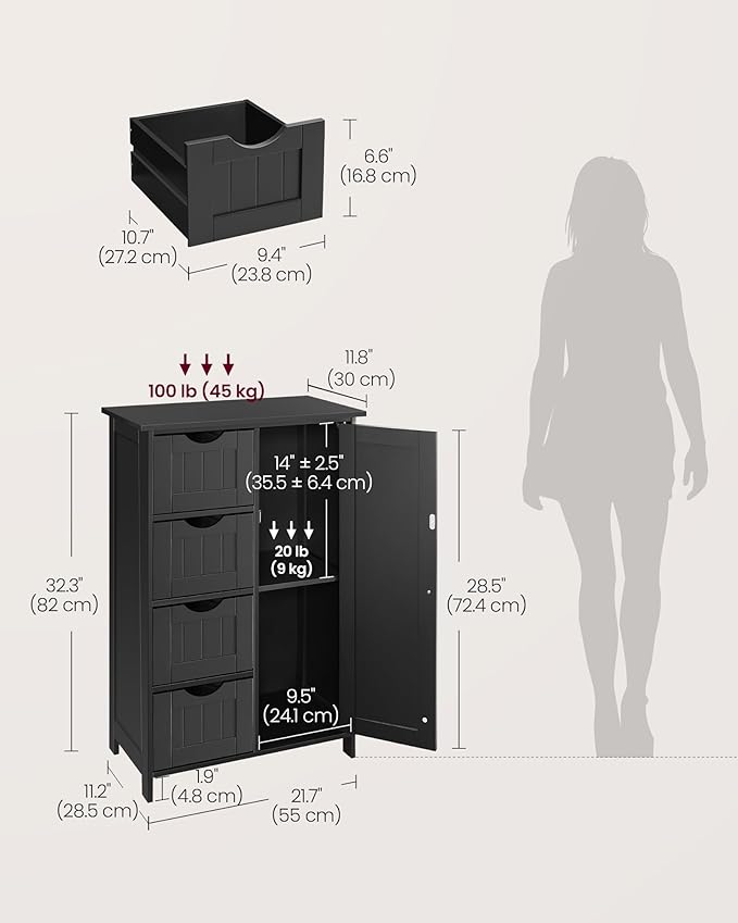 VASAGLE Storage Cabinet with Drawers, Freestanding Floor Cabinet with Door, 11.8 x 21.7 x 32.3 Inches, Adjustable Shelf, for Bathroom, Living Room, Kitchen, Ink Black ULHC041BH01S