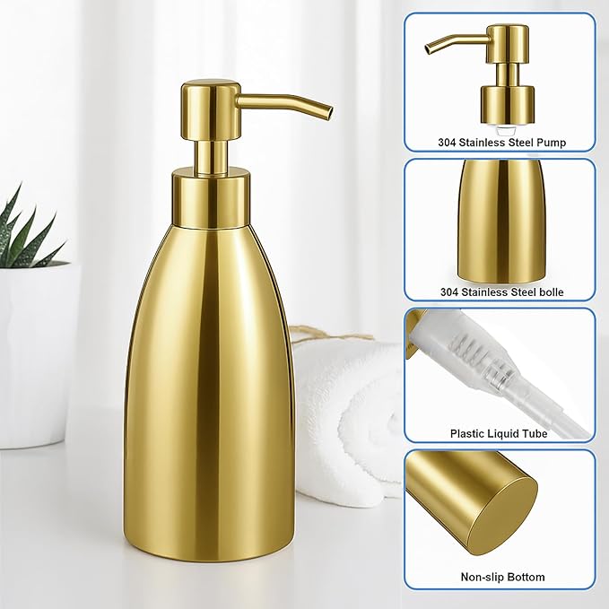 304 Stainless Steel Soap Dispenser 16oz Rust-Proof Liquid Soap Pump Bottle for Kitchen or Bathroom Countertop Hand Dish Lotion Leak-Proof (Polished Gold)