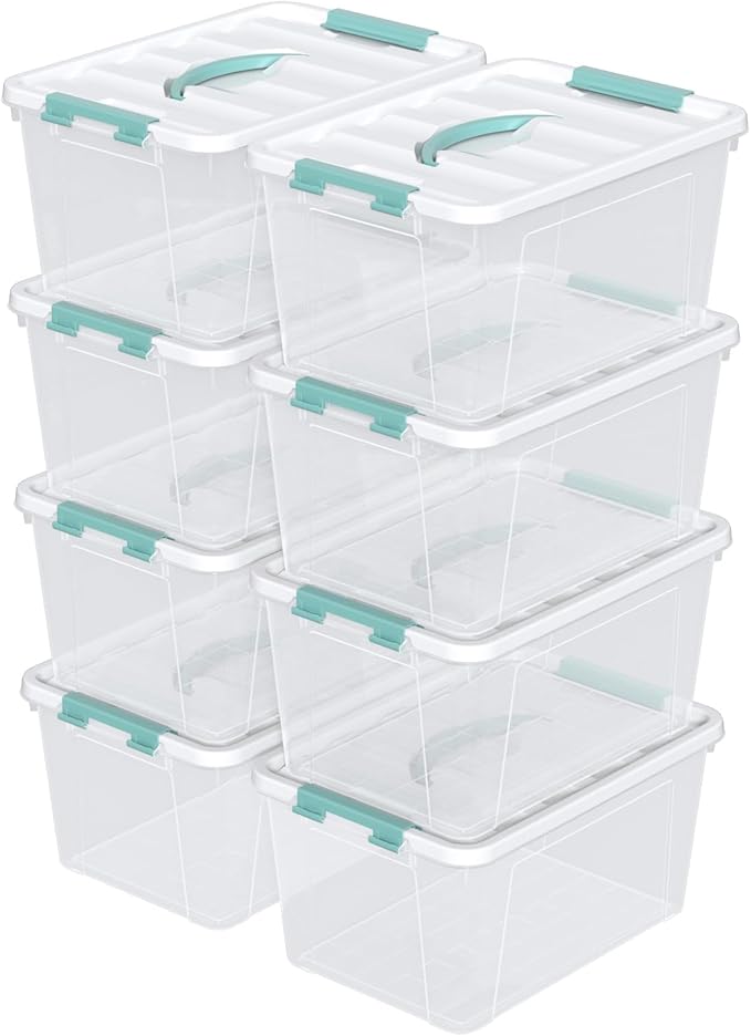 Parlynies 14 Qt Stackable Plastic Storage Bins with White Lids, Clear Latching Storage Organizer Box, 8 Packs