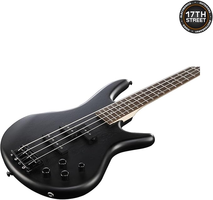 Ibanez GSR200B 4-String Bass Guitar (Weathered Black) - Right Handed Nyatoh Body Bass with GSF50 Powerpad Strap, 15 Pack Guitar Picks with Storage Box & Microfiber Cleaning Cloth (Bundle Set)