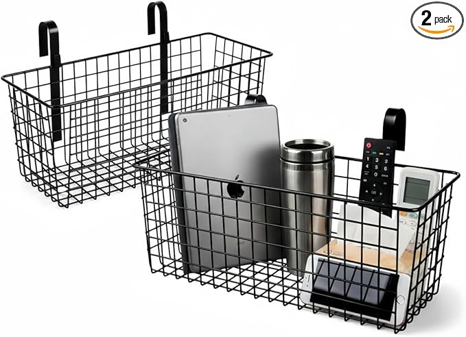 2 Pack Metal Hanging Bedside Basket for Bunk Beds & Collage Dorms - Cabinet Wire Organizer for Storage, Multi-Use Large Organizing Caddy for Bedroom, Office (Black/Large)