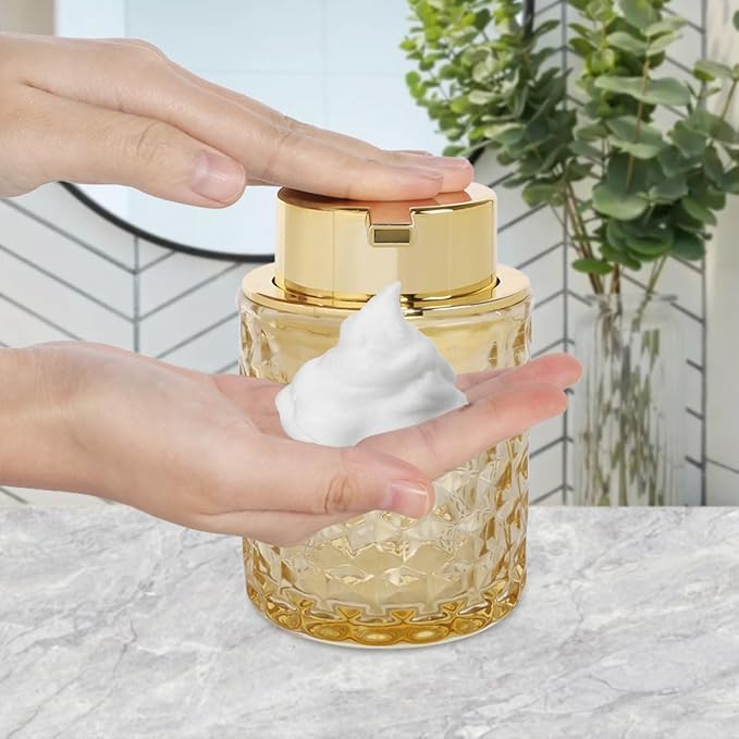 Bathroom Accessories Set, 3pcs Amber Glass Bathroom Accessory Set,Toothbrush Holder, Foaming Soap Dispenser and Tumbler, Gold Bathroom Decor Sets for Organizer, Home Apartment Gift