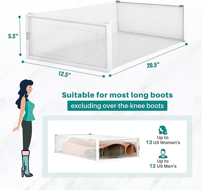 PARANTA 4-Piece Boot and Shoe Storage Box, Stackable Clear Plastic Shoe Box, Space-Saving Shoe Organizer for Boots, Sneakers, and High Heels, Clear