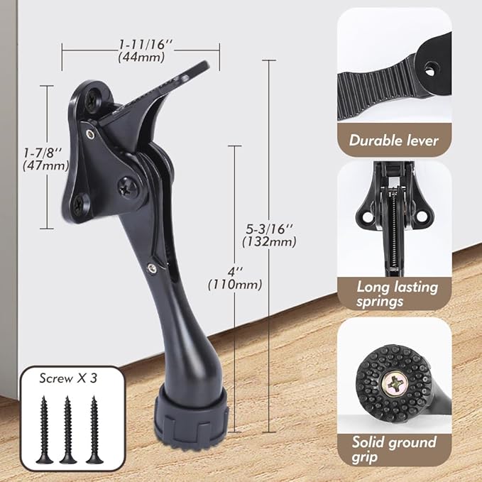 Kickdown Door Stopper 4Inches - One Packs One Touch Adjustable Height Door Stop for The Bottom of Door The Bottom of Door Aluminum Alloy Metal Door Stopper with Rubber Tip Black