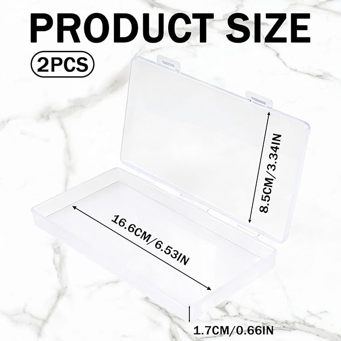 2PCS Small Clear Plastic Storage Box, 6.4‘’ X 3.4‘’ X 0.6‘’ Ultra-Slim Organizer Case for Business Cards, Money, Jewelry & Crafts, Transparent Rectangle Hinged Container for Collecting Mini Item