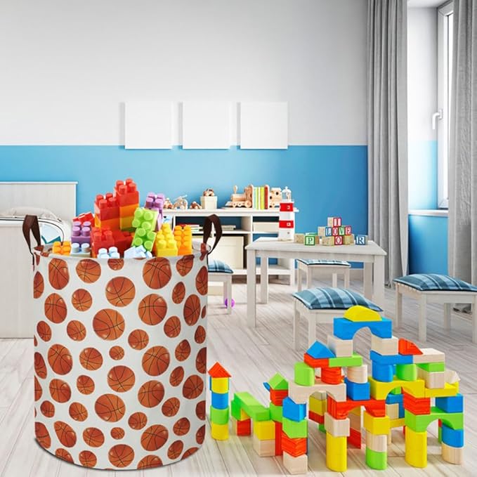 19.7" Basketball Laundry Basket,Dirty Clothes Laundry Hamper,Waterproof Foldable Toys Storage Bin,Room Decor, Gift Baskets, Baby Nursery Hamper(Bright basketball)