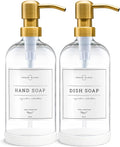 Vine Creations Glass Soap Dispenser, 2 Pack Kitchen Soap Dispenser Set with Stainless Steel Pump, 16 oz Dish Soap and Hand Soap Dispensers for Bathroom with Waterproof Labels (Clear)