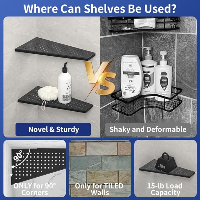Bernkot Corner Shower Shelf, Matte Black 12" 304 Stainless Steel Trapezoid Grout in Shelf with Grid Hollows Design, Recessed Bathroom Shelves for Tiled Wall Retrofit, 2 Pack