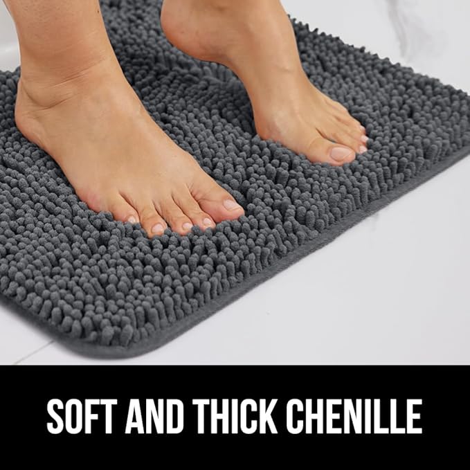 GORILLA GRIP Plush Absorbent Shaggy Chenille Bath Rug Mat for Square Toilet Base with Rubber Backing, Machine Washable Rugs, Soft Microfiber Contour Mats for Toilets, Bathroom Decor, Charcoal