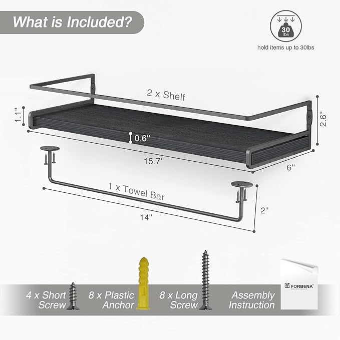 Forbena Black Floating Shelves for Bathroom Wall Set of 2, Kitchen Spice Rack Wall Mount, Modern Wood Hanging Wall Shelves for Bedroom Organizer, Restroom Pantry Closet Storage (Grey-Black)
