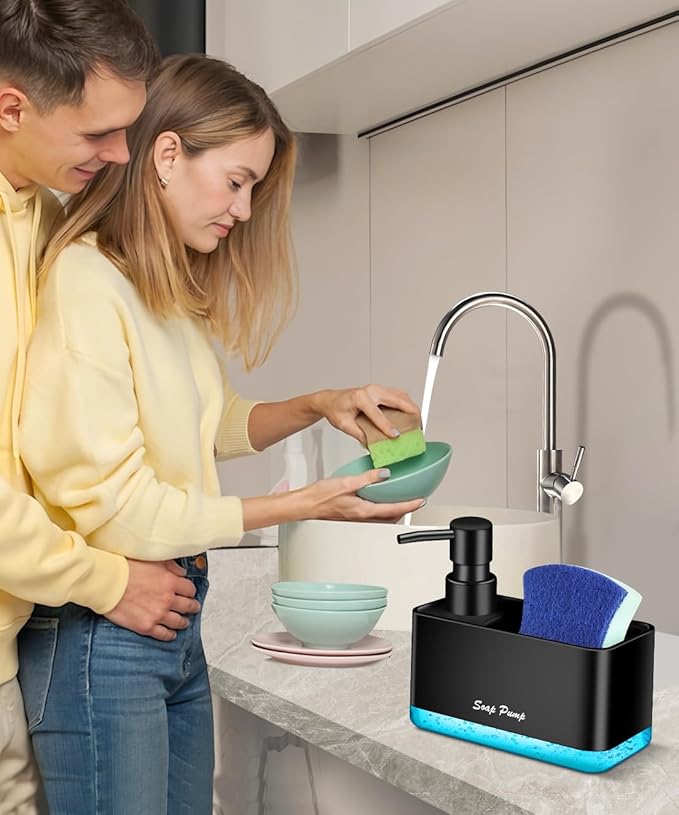 Dish Soap Dispenser with Sponge Holder, 2-in-1 Countertop Small Soap Dispenser for Kitchen and Bathroom, Multi-Scene for Dish Soap, Hand Soap, Lotion, Body Wash (Black)