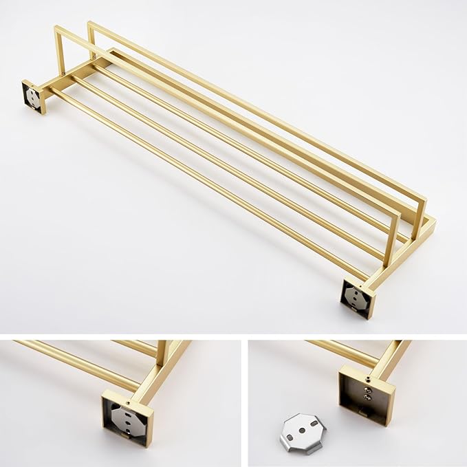 KOKOSIRI 32'' Towel Shelf Holder Bathroom Towel Rack with Two Bath Towel Bars Rails SUS304 Stainless Steel Wall Mount, Brushed Gold B6003BG-L32