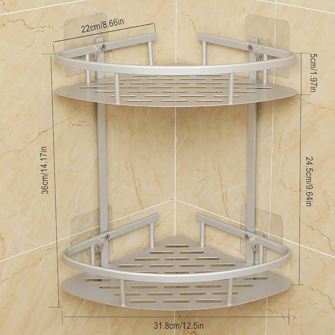 Hawsam No Drilling Bathroom Corner Shelves, Aluminum 2 Tier Shower Shelf Caddy Adhesive Storage Basket for Shampoo (Corner)