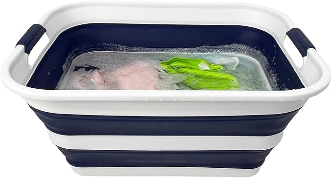 SAMMART Collapsible Plastic Laundry Basket with Handle/Foldable Pop Up Storage Hamper/Portable Laundry Organizer-Space Saving Washing Tub/Household Storage (White/Starry Blue, 42L (Set of 2))