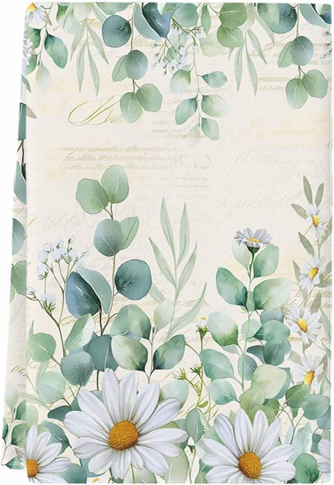 Microfiber Kitchen Towel, Green Eucalyptus Leaves Soft Absorbent Dish Towels, Daisy Summer Botanical Farmhouse Quick Drying Washable Dishcloths for Kitchen Cleaning, Drying Dishes, 18x28 Inches