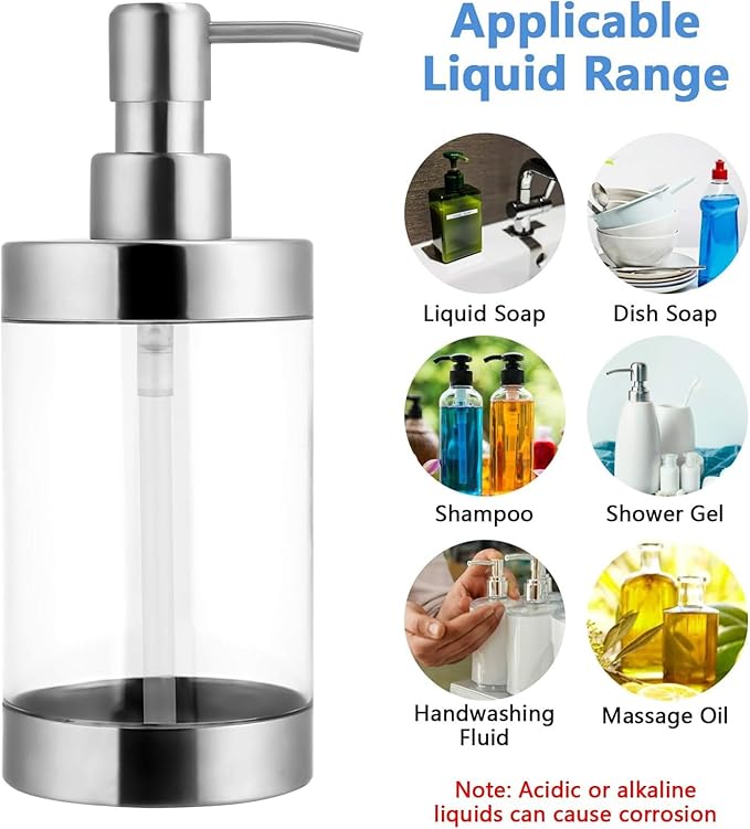 Dish Soap Dispenser Stainless Steel Case Acrylic Liner Hand Pump Dispenser Shatterproof and Leakproof Refillable Liquid Hand Soap Dispenser for Bathroom & Kitchen (10OZ/300ML)
