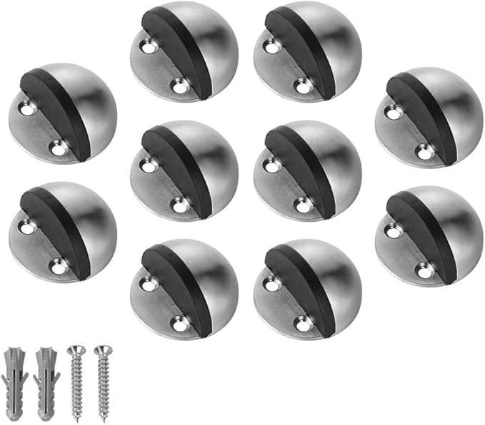 JQK Floor Door Stopper, Snowboard Hanger Storage Stainless Steel Sound Dampening Door Stop Bumper Wall Protetor Display Hanger Rack, 10 Pack Brushed, DSB3-BN-P10